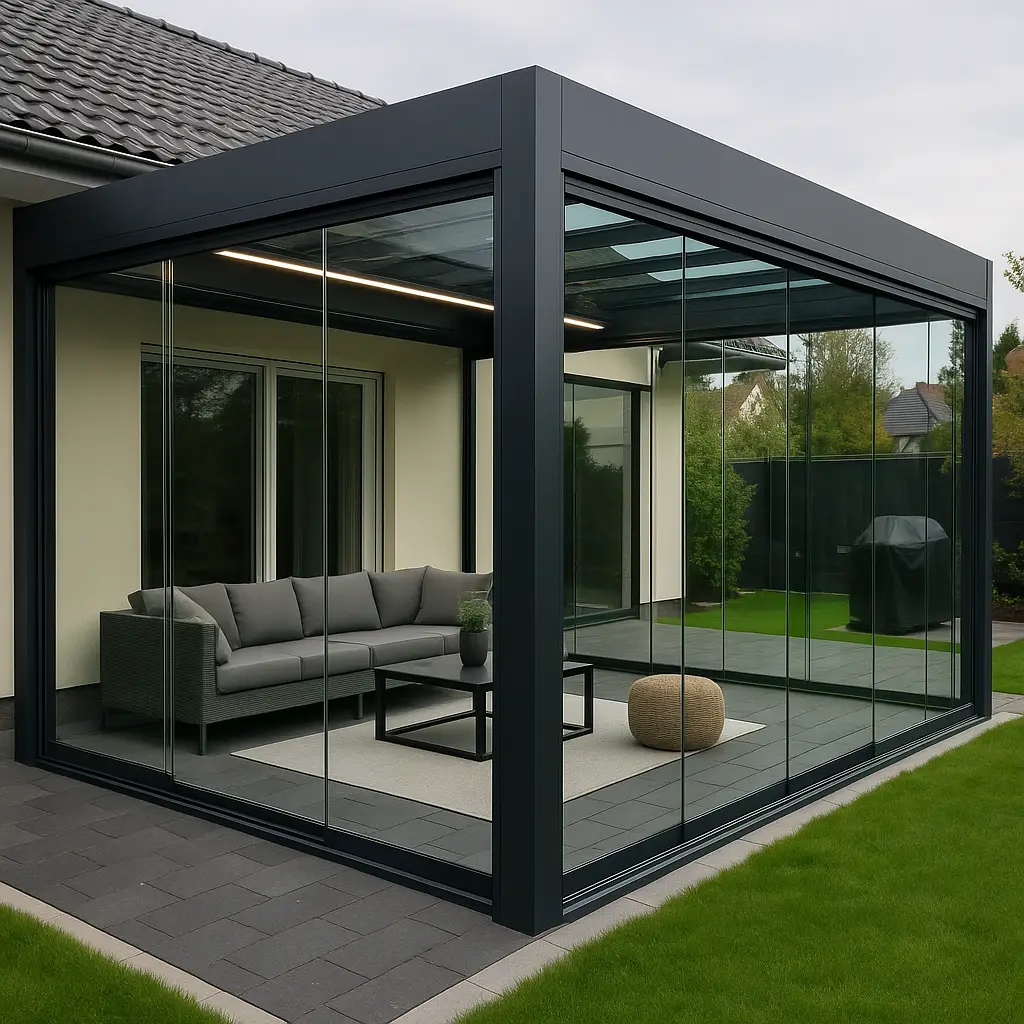 Moderne Glasüberdachung mit geschlossenen Seiten und Front aus Schiebeelementen