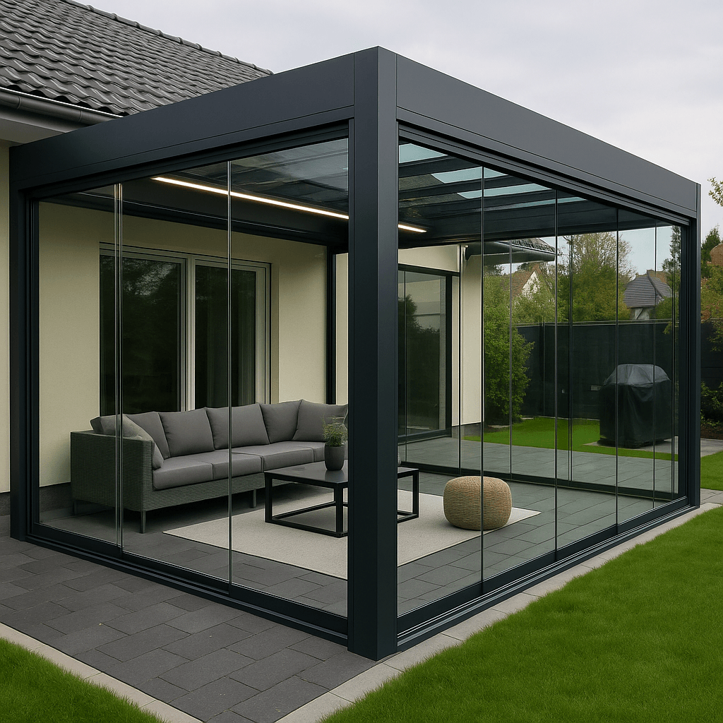 Cube Terrassenüberdachung mit Flachdach, Glasschiebewänden und integrierter LED Beleuchtung