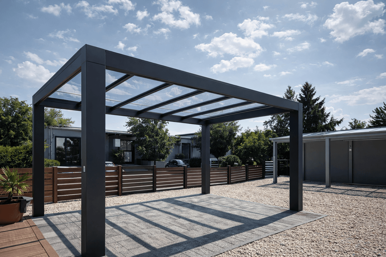 Freistehende Cube Terrassenüberdachung mit Glasdach aus Aluminium im Garten